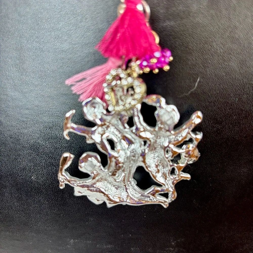Silver Cherub Bag Charm with Pink Tassels & Rhinestone Accents Handmade‎